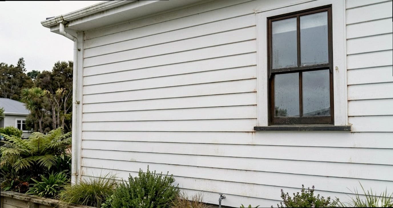 Before cleaning — moss and grime on weatherboard
